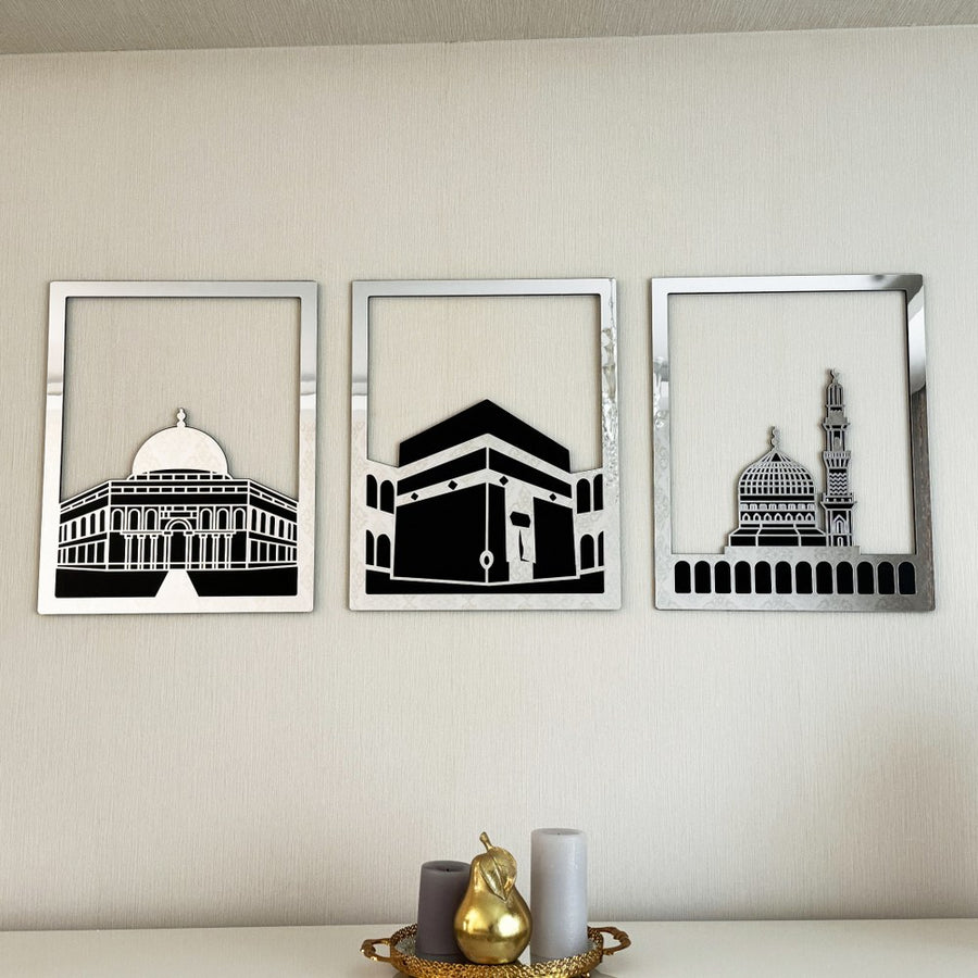 Islamic Wall Art Wooden Acrylic Set: Masjid Al Aqsa, Masjid Al-Haram, & Masjid An-Nabawi"