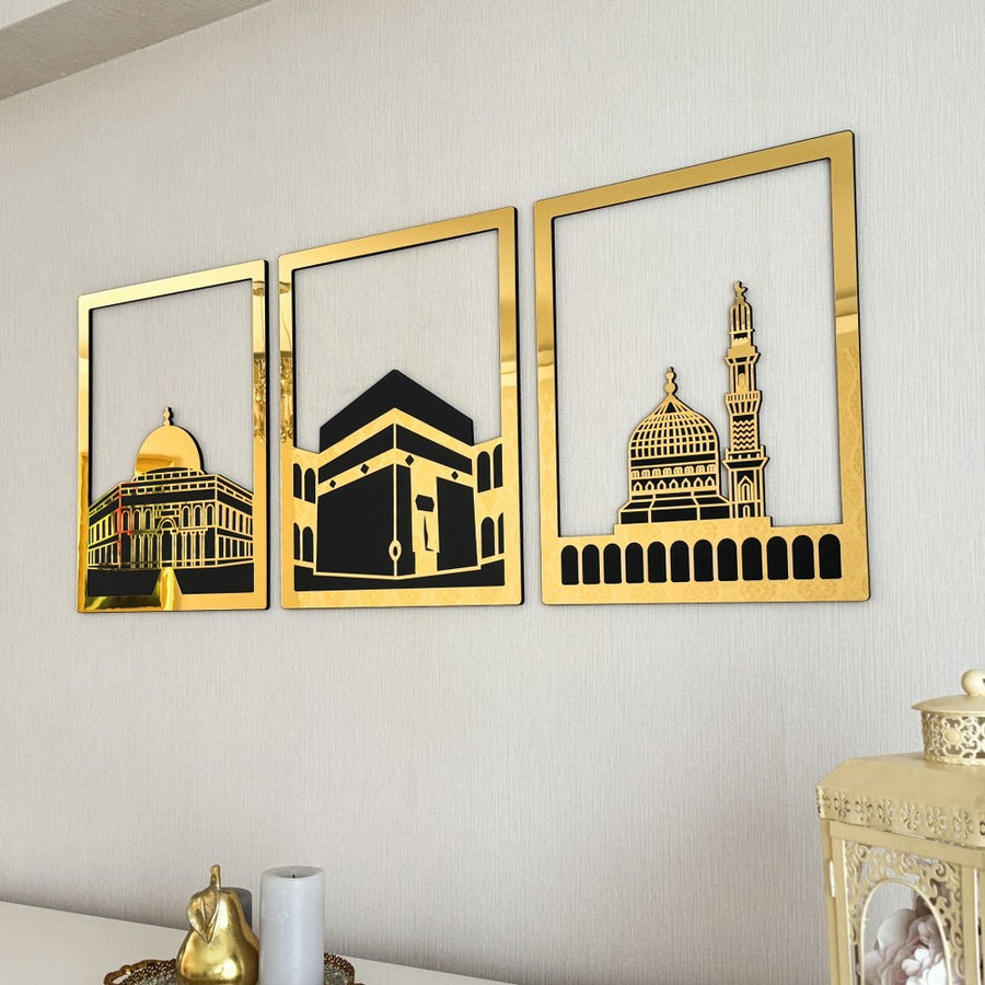 Islamic Wall Art Wooden Acrylic Set: Masjid Al Aqsa, Masjid Al-Haram, & Masjid An-Nabawi"