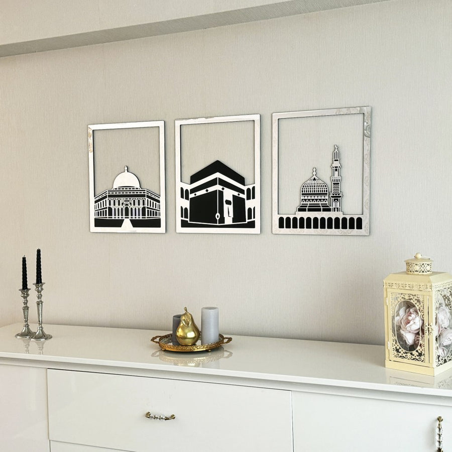 Islamic Wall Art Wooden Acrylic Set: Masjid Al Aqsa, Masjid Al-Haram, & Masjid An-Nabawi"