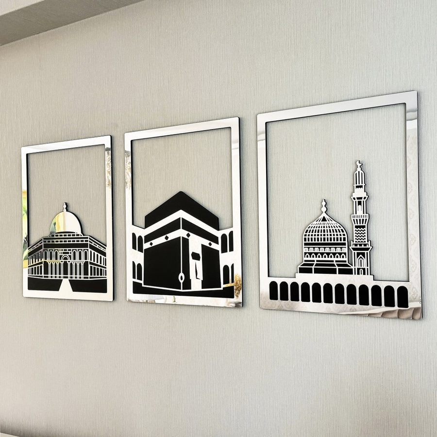 Islamic Wall Art Wooden Acrylic Set: Masjid Al Aqsa, Masjid Al-Haram, & Masjid An-Nabawi"