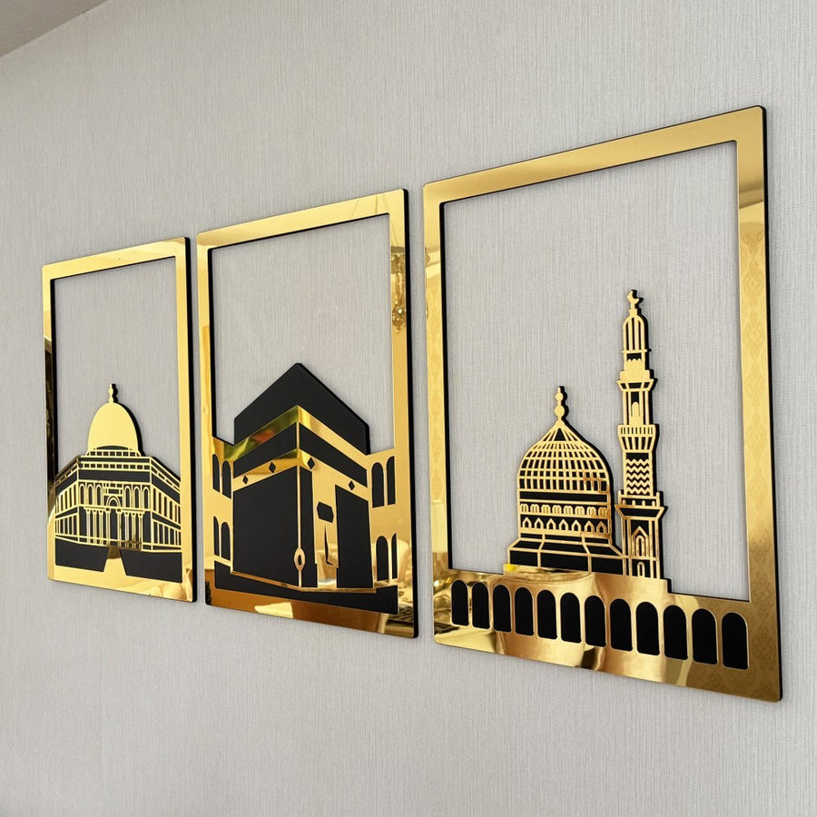 Islamic Wall Art Wooden Acrylic Set: Masjid Al Aqsa, Masjid Al-Haram, & Masjid An-Nabawi"