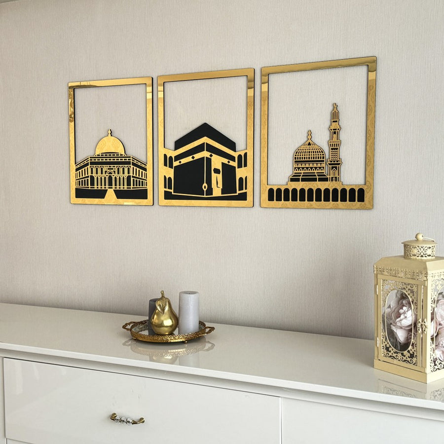 Islamic Wall Art Wooden Acrylic Set: Masjid Al Aqsa, Masjid Al-Haram, & Masjid An-Nabawi"