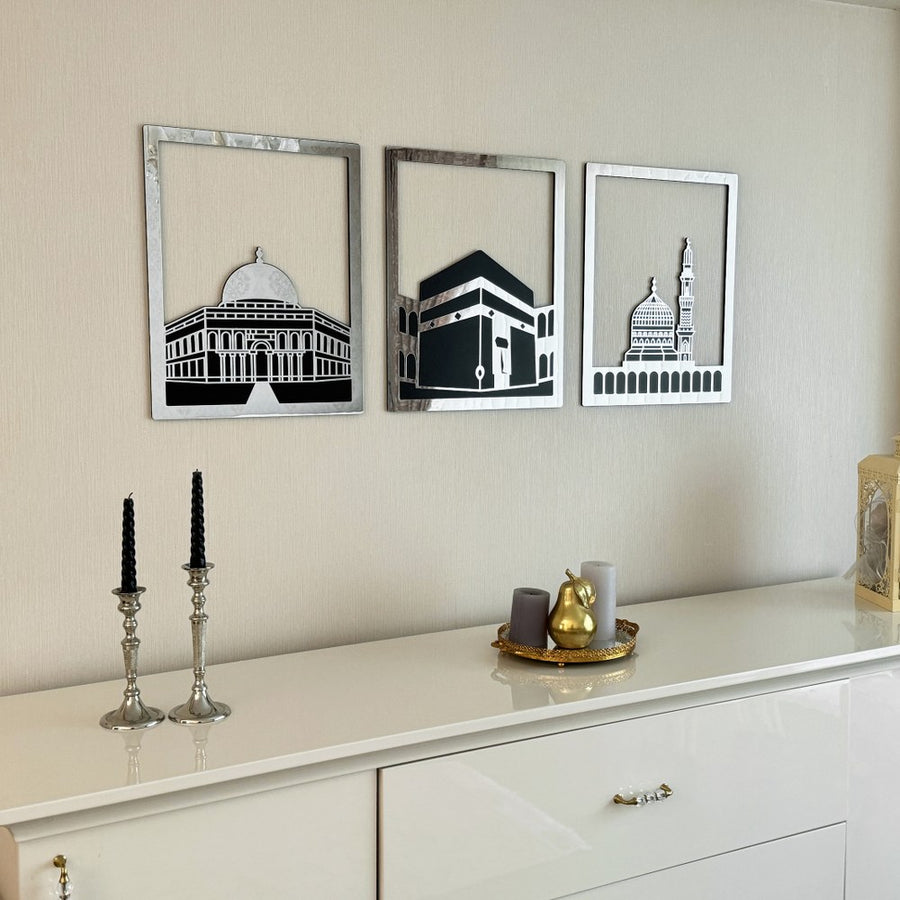 Islamic Wall Art Wooden Acrylic Set: Masjid Al Aqsa, Masjid Al-Haram, & Masjid An-Nabawi"