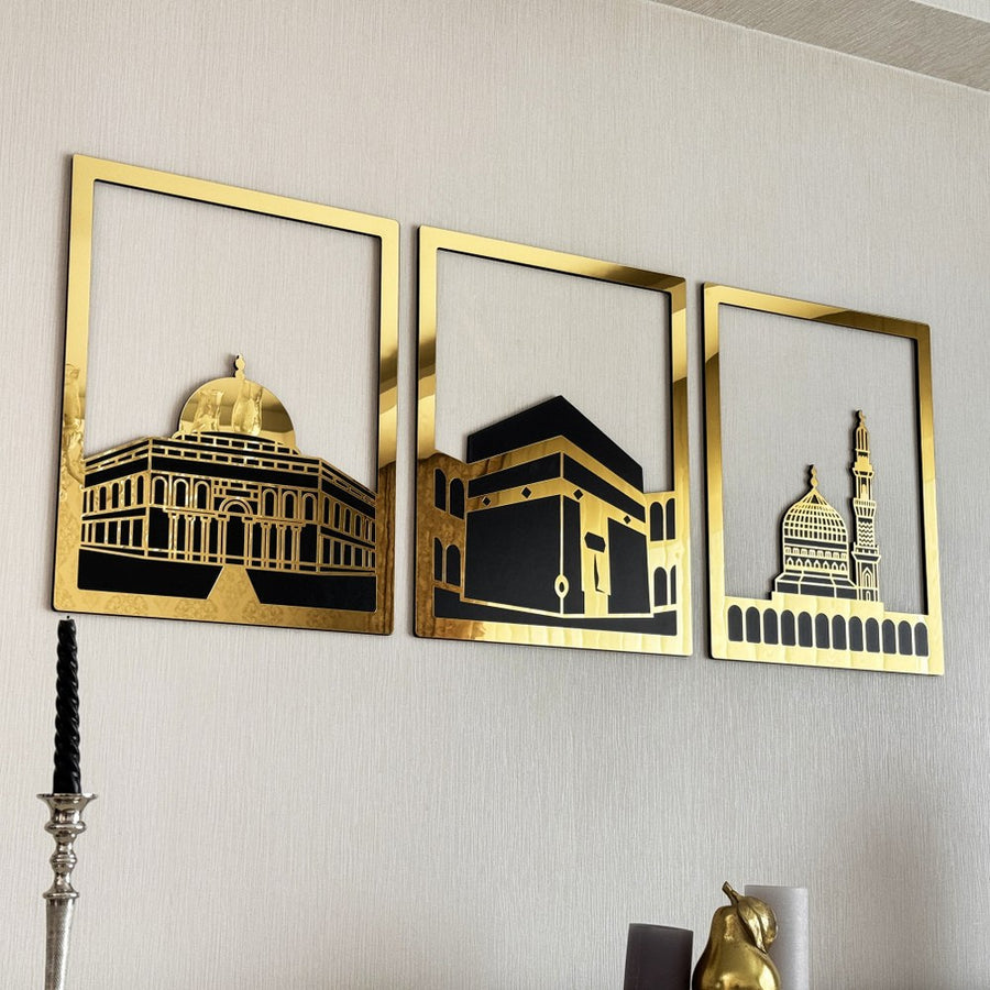 Islamic Wall Art Wooden Acrylic Set: Masjid Al Aqsa, Masjid Al-Haram, & Masjid An-Nabawi"