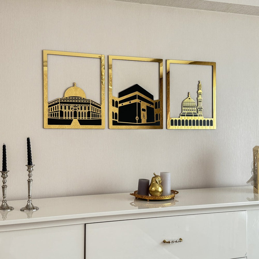 Islamic Wall Art Wooden Acrylic Set: Masjid Al Aqsa, Masjid Al-Haram, & Masjid An-Nabawi"