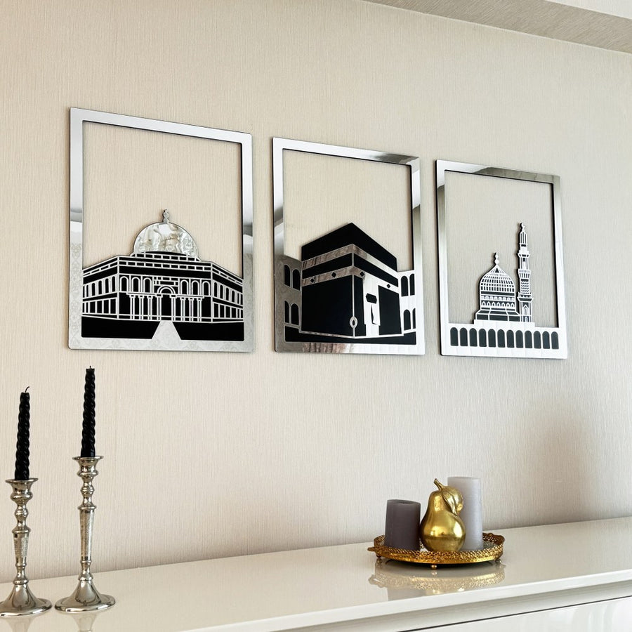 Islamic Wall Art Wooden Acrylic Set: Masjid Al Aqsa, Masjid Al-Haram, & Masjid An-Nabawi"