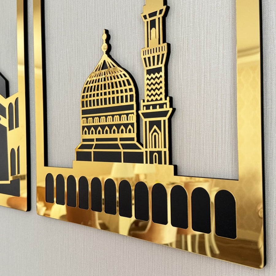 Islamic Wall Art Wooden Acrylic Set: Masjid Al Aqsa, Masjid Al-Haram, & Masjid An-Nabawi"