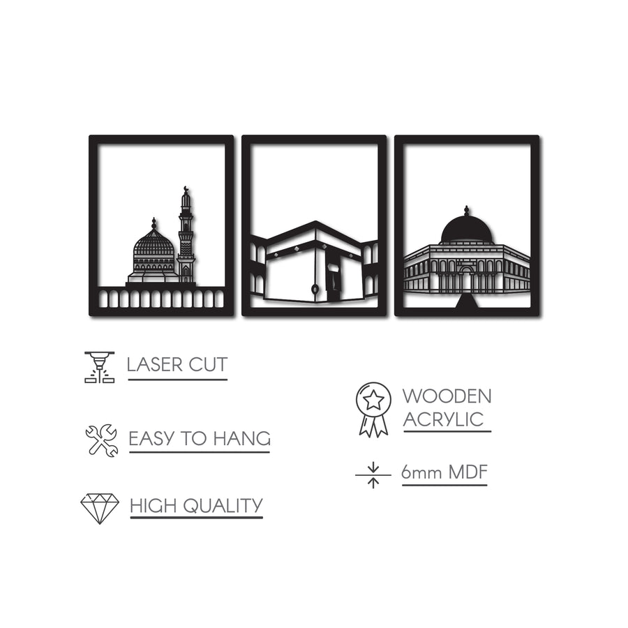 Islamic Wall Art Wooden Acrylic Set: Masjid Al Aqsa, Masjid Al-Haram, & Masjid An-Nabawi"